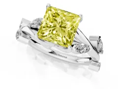 Fancy Yellow Princess Cut Diamond Solitaire Ring Set in White gold with Twisted Marquise Accent Band