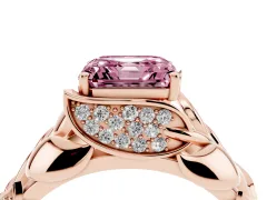 Fancy Pink Asscher Cut Diamond Leaf-Inspired Engagement Ring Set in Rose gold with Round Accents