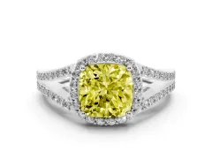 Fancy Yellow Cushion Cut Diamond Halo Split Shank Pavé Ring Set in Platinum with Prong Setting