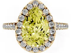 Fancy Yellow Pear Cut Diamond Pavé Halo Engagement Ring Set in Yellow gold with Pavé Band and Prong Setting