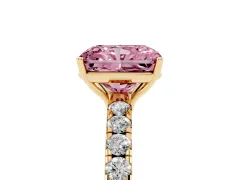 Fancy Pink Radiant Cut Diamond Pavé Solitaire Engagement Ring Set in Yellow gold with Prong Setting