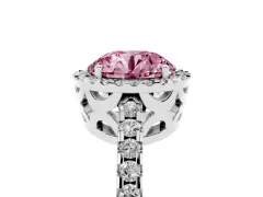 Fancy Pink Round Cut Diamond Halo Ring Set in Platinum with Pavé Shoulders and Halo-Framed Center