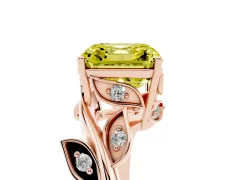Fancy Yellow Asscher Cut Diamond Solitaire Twist Engagement Ring Set in Rose gold with Pavé Leaf Accents