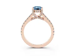 Fancy Blue Emerald Cut Diamond Solitaire Ring Set in Rose gold with Brilliant Pavé Band and Prong Setting