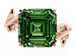 Fancy Green Asscher Cut Diamond Solitaire Twist Engagement Ring Set in Rose gold with Pavé Leaf Accents