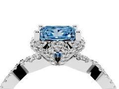Fancy Blue Princess Cut Diamond Halo Twist Band Solitaire Ring Set in Platinum with Prong-Set Center Stone
