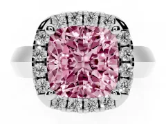 Fancy Pink Cushion Cut Diamond Halo Solitaire Engagement Ring Set in White gold with Square Band and Prong Setting