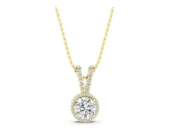Round Halo Diamond Pendant Set in Yellow gold with Prong-Set Center and Halo