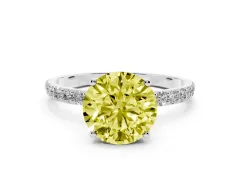 Fancy Yellow Round Cut Diamond Solitaire Engagement Ring Set in Platinum with Round Pavé Band and Prong Setting
