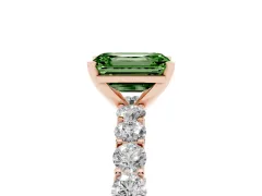 Fancy Green Emerald Cut Diamond Solitaire Ring Set in Rose gold with Shared Prong Pavé Band