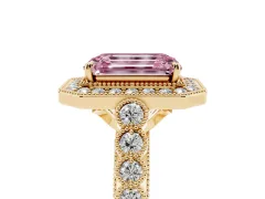 Fancy Pink Emerald Cut Diamond Milgrain Halo Solitaire Ring Set in Yellow gold with Bezel Set Side Stones and Pavé Band
