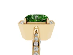 Fancy Green Radiant Cut Diamond Halo Engagement Ring Set in Yellow gold with Accent Split Shank Band