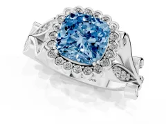 Fancy Blue Cushion Cut Diamond Halo Ring Set in Silver with Leaf Motif Split Shank and Prong Setting