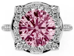 Fancy Pink Round Cut Diamond Halo Ring Set in Platinum with Pavé-Lined Shoulders and Prong Setting