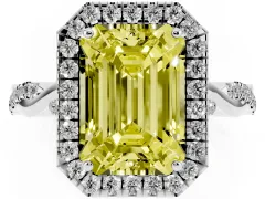 Fancy Yellow Emerald Cut Diamond Halo Twist Band Solitaire Ring Set in White gold with Prong Setting