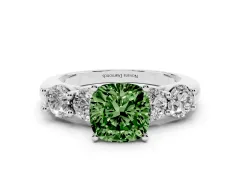 Fancy Green Cushion Cut Diamond Five-Stone Prong Set Ring Set in Platinum with Classic Band