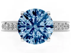 Fancy Blue Round Cut Diamond Solitaire Ring Set in Silver with Milgrain-Edged Pavé Band and Prong Setting