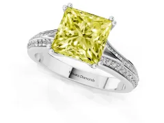 Fancy Yellow Princess Cut Diamond Split Shank Pavé Engagement Ring Set in White gold with Prong-Set Center Stone