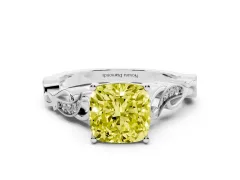 Fancy Yellow Cushion Cut Diamond Vine Band Solitaire Ring Set in Platinum with Milgrain Prong Setting