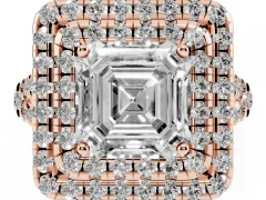 Asscher Cut Diamond Double Halo Ring Set in Rose gold with Pavé Split Shank and Prong Setting