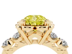 Fancy Yellow Cushion Cut Diamond Floral Halo Ring Set in Yellow gold with Shared Prong Band