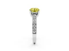 Fancy Yellow Round Cut Diamond Solitaire Ring Set in White gold with Milgrain-Edged Pavé Band and Prong Setting