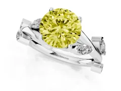 Fancy Yellow Round Cut Diamond Solitaire Ring Set in White gold with Twisted Marquise Accent Band