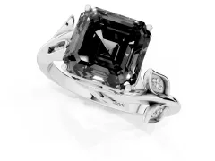 Fancy Black Asscher Cut Diamond Solitaire Twist Engagement Ring Set in White gold with Pavé Leaf Accents