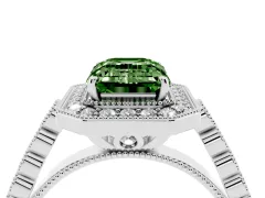 Fancy Green Emerald Cut Diamond Milgrain Halo Solitaire Ring Set in Platinum with Bezel Set Side Stones and Pavé Band