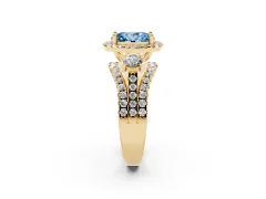 Fancy Blue Oval Cut Diamond Halo Split Shank Ring Set in Yellow gold with Round Accent Stones and Prong Setting