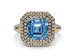 Fancy Blue Asscher Cut Diamond Double Halo Ring Set in Yellow gold with Pavé Band