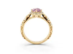 Fancy Pink Marquise Cut Diamond Halo Ring Set in Yellow gold with Filigree Leaf Band and Prong Setting