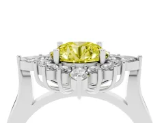 Fancy Yellow Round Cut Diamond Cluster Halo Ring Set in White gold with Marquise and Round Accents