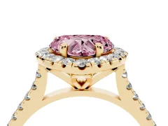 Fancy Pink Heart Cut Diamond Cushion Halo Ring Set in Yellow gold with Pavé Band