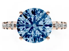 Fancy Blue Round Cut Diamond Pavé Solitaire Ring Set in Rose gold with Round Band Accents and Prong Setting