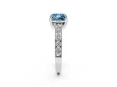 Fancy Blue Princess Cut Diamond Solitaire Ring Set in White gold with Milgrain-Edged Pavé Band and Prong Setting