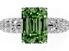 Fancy Green Emerald Cut Diamond Pavé Band Solitaire Ring Set in Platinum with Close-Set Accent Stones and Prong Setting