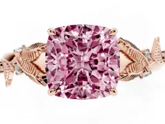 Fancy Pink Cushion Cut Diamond Solitaire Ring Set in Rose gold with Leaf Motif Band