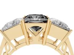 Fancy Black Princess Cut Diamond Three-Stone Ring Set in Yellow gold with Textured Band