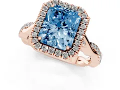 Fancy Blue Radiant Cut Diamond Halo Twist Band Solitaire Ring Set in Rose gold with Prong Setting