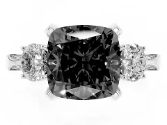 Fancy Black Cushion Cut Diamond Three-Stone Ring Set in White gold with Pavé Band and Smaller Side Stones