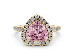 Fancy Pink Heart Cut Diamond Pavé Halo Engagement Ring Set in Yellow gold with Pavé Band and Prong Setting