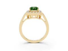 Fancy Green Radiant Cut Diamond Halo Ring Set in Yellow gold with Accent-Lined Split Shank and Prong Setting