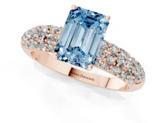 Fancy Blue Emerald Cut Diamond Pavé Band Solitaire Ring Set in Rose gold with Close-Set Accent Stones and Prong Setting