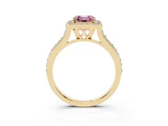 Fancy Pink Asscher Cut Diamond Halo Engagement Ring Set in Yellow gold with Round Pavé Shoulders and Heart Gallery