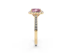 Fancy Pink Princess Cut Diamond Pavé Halo Engagement Ring Set in Yellow gold with Pavé Band and Prong Setting