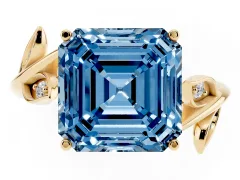 Fancy Blue Asscher Cut Diamond Solitaire Twist Engagement Ring Set in Yellow gold with Pavé Leaf Accents