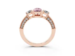 Fancy Pink Pear Cut Diamond Three-Stone Ring Set in Rose gold with Round Side Stones and Pavé Band