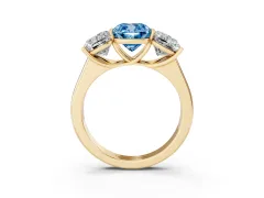 Fancy Blue Cushion Cut Diamond Three-Stone Ring Set in Yellow gold with Plain Polished Band