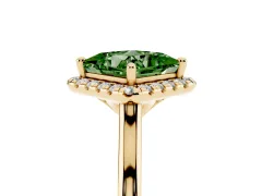 Fancy Green Princess Cut Diamond Halo Engagement Ring Set in Yellow gold with Pavé Band and Rising Shoulders